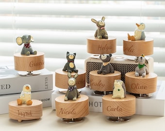 Caja musical de animales personalizada, caja de música de madera grabada a medida, decoración de guardería, regalo de baby shower, regalo de cumpleaños, caja musical de animales