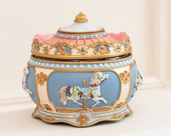 Customized Classical Carousel Horse Music Box | LED Lights Twinkling Resin Musical Box-Carved Mechanical with Sankyo 18-Note with Music Box