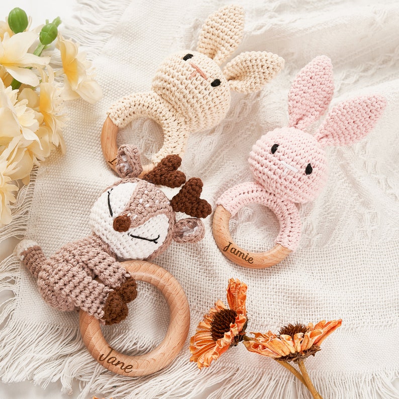 Personalized Baby Rattle, Baby Shower Toy, Wooden Baby Rattle, Montessori Toy, Baby Rattle, Birthday Gift, Crochet Animal Rattle, Baby Gift image 9