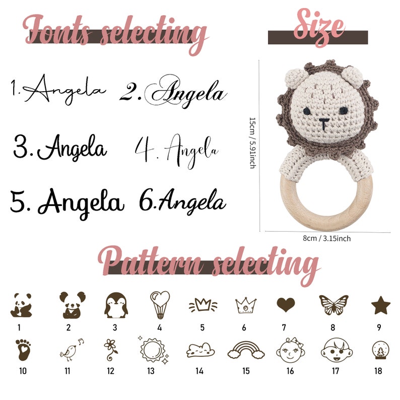 Sonajero de bebé de ganchillo animal / Regalo de baby shower / Juguete de sonajero de ganchillo personalizado / Sonajero de bebé de madera personalizado / Regalo de recién nacido para cumpleaños imagen 2