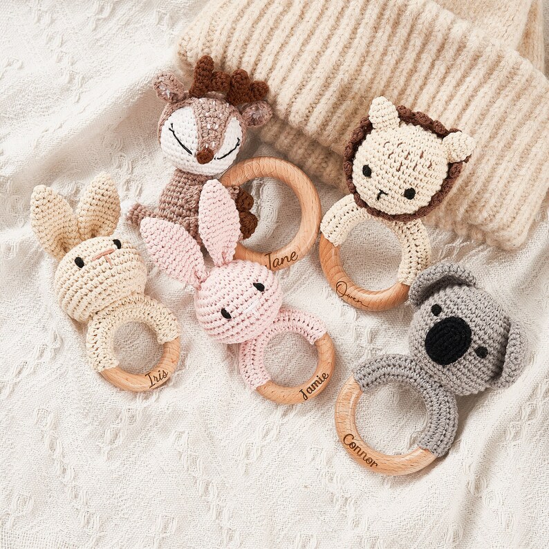 Animal Crochet Baby Rattle Baby Shower Gift Personalized Crochet Rattle Toy Custom Wooden Baby Rattle Newborn Gift for Birthday zdjęcie 7