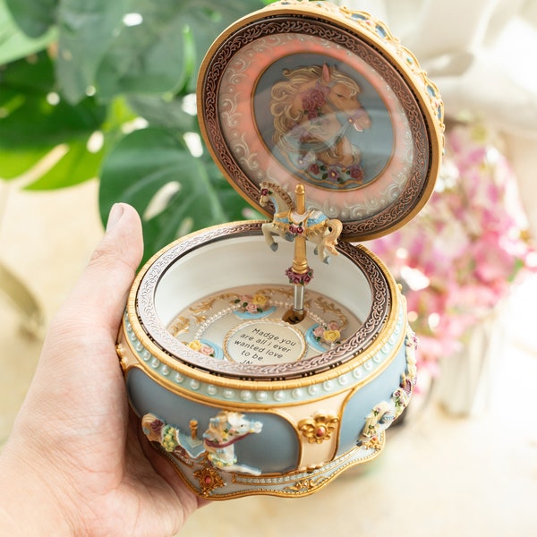 Personalized Carousel Music Box With Engraved-Collectible Mechanical Musical Box, With Sankyo 18-Note with Music, Carousel Music Box Gift
