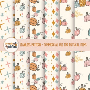 Boho Fall Pumpkin Digital Paper - Cute Pumpkins Seamless Pattern - Autumn Digital Paper - Retro Fall Repeating Pattern - Pumpkin Pattern JPG
