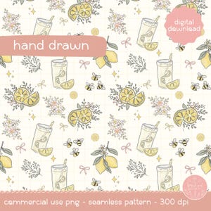 Hand Drawn Lemon Seamless Pattern PNG, Lemonade Summer Digital Paper, Bee Floral Citrus Pattern, Commercial Use, Instant Download