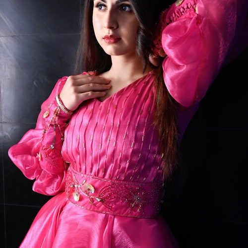 Party wear gown three shops layer of fabric with Bishop sleeves ,pink color, tissue fabric, best for all occasion