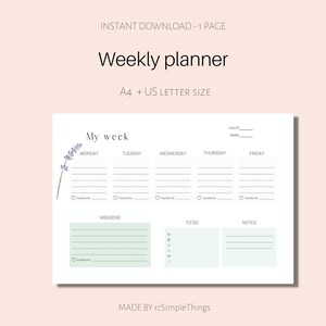 Könnte beinhalten: Ein druckbarer Wochenplaner mit einem Lavendel-Blumendesign. Der Planer enthält Abschnitte für Montag bis Freitag, Wochenende, To Do und Notizen. Der Text "Meine Woche" steht oben auf dem Planer.
