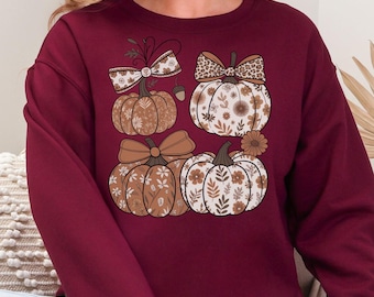Felpa con stampa floreale Boho e zucca, camicia autunnale con stampa floreale e zucca, camicia con stampa vintage e zucca di Halloween, maglione spettrale L027