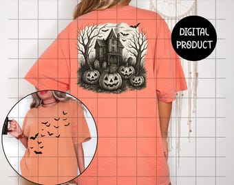 Haunted House Halloween PNG, Vintage Jack O Lanterns and Bats, Spooky Front & Back Sublimation, 300 DPI High-Res Digital Download