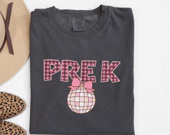 Koszulka Bow Disco Pre-k, Koszulka przedszkolna, Koszulka Hello Preschool, Strój na pierwszy dzień szkoły, Powrót do szkoły, Koszulka na pierwszy dzień przedszkola, B064