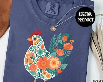 Könnte beinhalten: Ein marineblaues T-Shirt mit einem floralen Hahn-Design in Orange, Türkis und Weiß. Das Shirt hat einen Rundhalsausschnitt und kurze Ärmel. Der Text "DIGITAL PRODUCT" befindet sich in einem schwarzen Kreis. Der Text "READY TO PRINT - PNG SUBLIMATION FILE" steht unten.