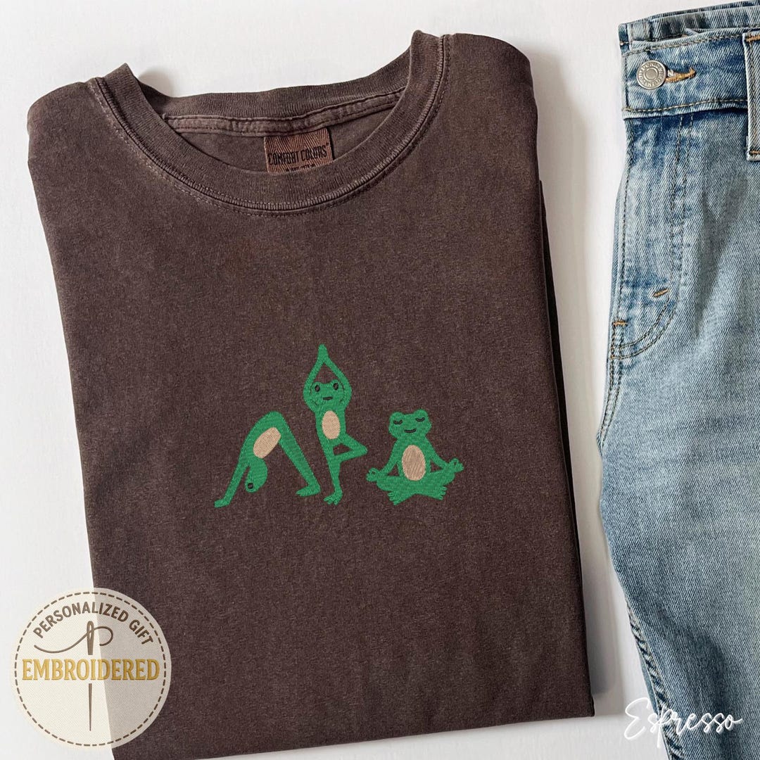 刺繍入りヨガカエルシャツ、禅カエル、カエル好きへのギフト、瞑想T
