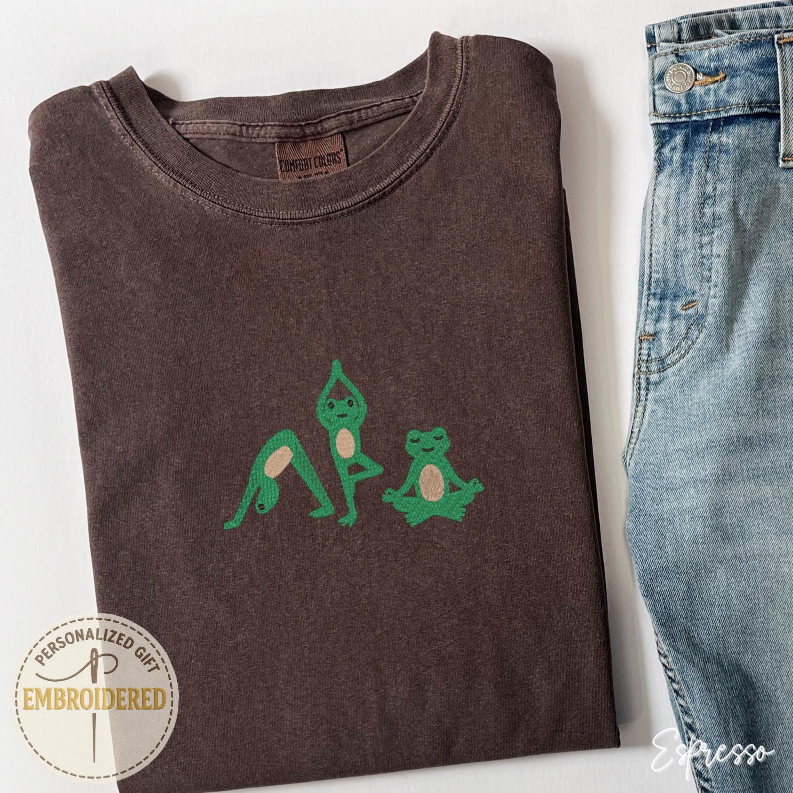 刺繍入りヨガカエルシャツ、禅カエル、カエル好きへのギフト、瞑想T