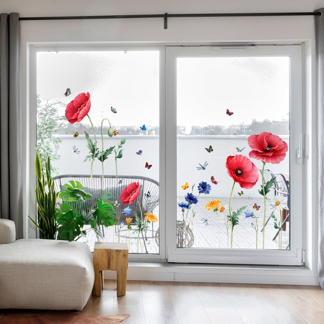 Red Poppy Flower Butterfly Wall Sticker, Window Glass Sticker, Flower ...