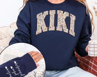 Custom Kiki Floral Sweatshirt, Kids Name on Sleeve, Mothers Day Gift, Grandma To Be, L062