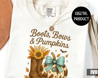 Western Cowgirl Fall PNG, Boots Bows & Pumpkins, Cow Print Pumpkin with Sunflowers Clipart, Country Autumn Sublimation Design for Shirts