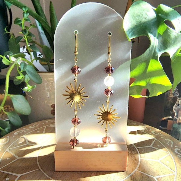 Sunburst Earrings | Gemstone Crystal Dangle | Healing Crystal Statement Long Earrings | Celestial Star, Sun | Gift for Her | Fancy Earrings