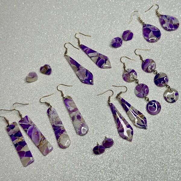 Amethyst Collection | Purple, White and Gold Marbled Earrings| Handmade Polymer Clay Earrings | Faux Gemstone Earrings| Hypoallergenic