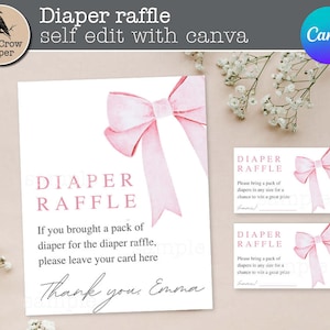 Pink Bow Baby Shower Pañal Raffle Baby Shower Signo y tarjetas Editable Canva / Cinta minimalista de acuarela rosa / descarga instantánea