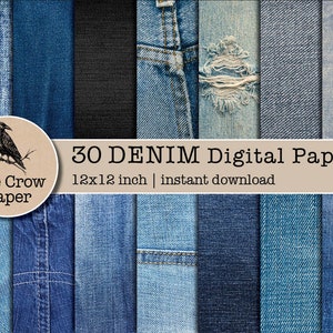 May include: 30 digital paper designs featuring various denim textures in blue and black. Each design is 12x12 inches.