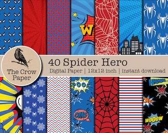 40 Papier cyfrowy Spider Hero | Papier komiksowy do scrapbookingu | Tła Bohatera Pająka | Tekstury wzoru Web Slingera | natychmiastowe pobieranie