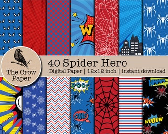 40 Papier cyfrowy Spider Hero | Papier komiksowy do scrapbookingu | Tła Bohatera Pająka | Tekstury wzoru Web Slingera | natychmiastowe pobieranie