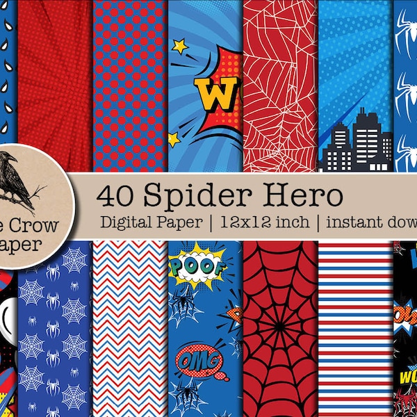 40 Spider Hero Papier numérique | Papier bande dessinée pour scrapbooking | Fonds d'écran Spider Hero | Textures de motif Web Slinger | téléchargement immédiat