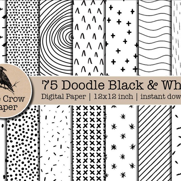 75 Doodle Black & White digital paper | Digital Papers | Doodle Patterns Paper | Mono Doodles Scrapbooking | instant download