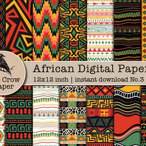 May include: A set of 12 digital papers featuring African-inspired geometric patterns in vibrant colors like red, yellow, green, and black. The patterns are a mix of stripes, zigzags, and diamonds. The papers are 12x12 inches and are perfect for crafting projects.