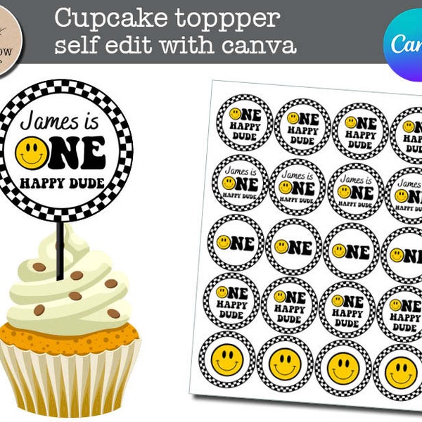 One happy dude PERSONALIZE cupcake topper Editable Personalized Canva | Smiley Groovy Decorations 1st first birthday | digital file