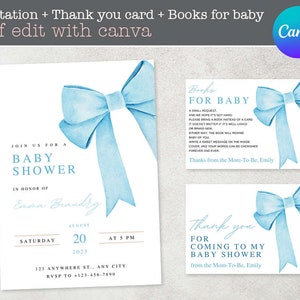 Paquete Blue Bow Baby Shower Invitación, tarjeta de agradecimiento, libros para bebé Canva editable / Cinta minimalista de acuarela azul / descarga instantánea