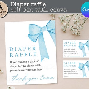 Blue Bow Baby Shower BOY Diaper Raffle Baby Shower Signe et cartes modifiables Canva | Ruban minimaliste aquarelle bleue | téléchargement instantané