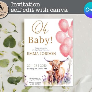 Invito per la doccia per bambini della mucca delle Highland, Canva personalizzato modificabile / Boho Cow Baby Shower Boho Cow / download istantaneo