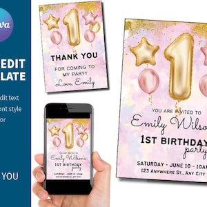 Gold Pastel 1st Birthday balloon invitation Editable Personalized Canva  | First Birthday Template Printable | instant download