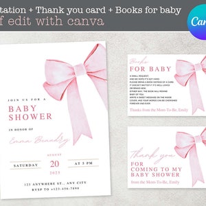 Paquete Pink Bow Baby Shower Invitación, tarjeta de agradecimiento, libros para bebé Canva editable / Cinta minimalista de acuarela rosa / descarga instantánea