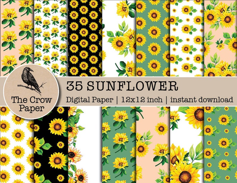 K&ouml;nnte beinhalten: 35 digitale Papiere mit Sonnenblumenmustern in verschiedenen Farben und Stilen. Die Papiere sind 12x12 Zoll gro&szlig; und perfekt zum Basteln und Scrapbooking.