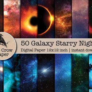 May include: 50 digital papers featuring galaxy and starry night designs. Each paper is 12x12 inches and includes a variety of colours, including blue, green, red, and orange. The papers are perfect for scrapbooking, card making, and other craft projects.