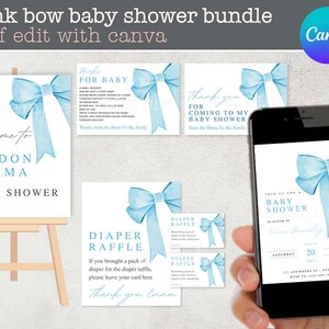 Paquete Blue Bow Baby Shower Invitación, tarjeta de agradecimiento, libros para bebé Canva editable / Cinta minimalista de acuarela azul / descarga instantánea