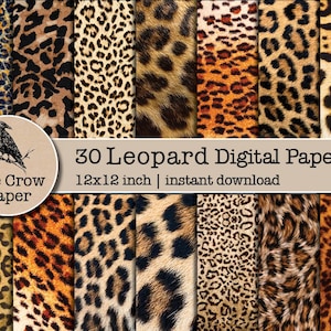 Op de afbeelding: Een digitaal papierpakket met 30 verschillende luipaardprintpatronen. Elk patroon is 30,48 x 30,48 cm groot en is direct te downloaden. Het pakket heeft de titel "30 Leopard Digital Paper" en bevat de tekst "12x12 inch | instant download".