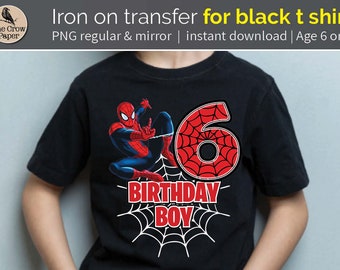 PNG for black t-shirt Spider Hero 6th Birthday Boy Printable Iron On Transfer SuperHero Comic | Web Slinger shirt | instant download