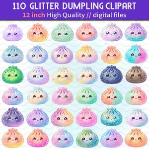 Può includere: Una collezione di 110 file digitali di clipart di gnocchi glitterati, ciascuno di 12 pollici. L'immagine mostra diverse file di illustrazioni di gnocchi colorati e scintillanti, ognuna con un volto sorridente e grandi occhi espressivi.