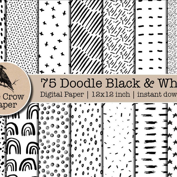 75 Doodle Black & White digital paper | Digital Papers | Doodle Patterns Paper | Mono Doodles Scrapbooking | instant download