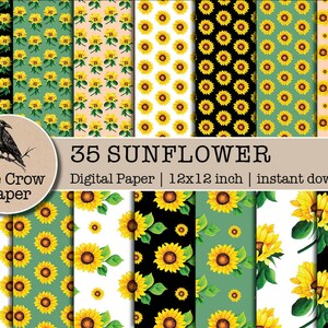 K&ouml;nnte beinhalten: 35 digitale Papiere mit Sonnenblumenmustern in verschiedenen Farben und Stilen. Die Papiere sind 12x12 Zoll gro&szlig; und stehen zum sofortigen Download bereit. Der Text "The Crow Paper" befindet sich in einem Kreis mit einer Kr&auml;henillustration.