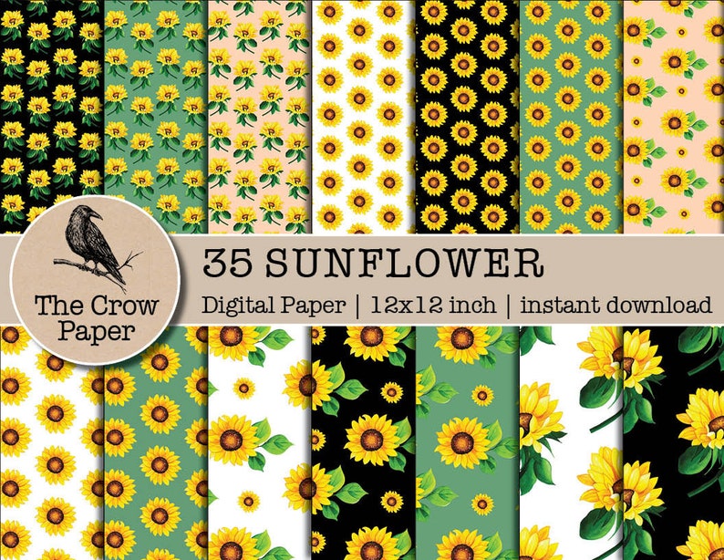 K&ouml;nnte beinhalten: 35 digitale Papiere mit Sonnenblumenmustern in verschiedenen Farben und Stilen. Die Papiere sind 12x12 Zoll gro&szlig; und stehen zum sofortigen Download bereit. Der Text "The Crow Paper" befindet sich in einem Kreis mit einer Kr&auml;henillustration.