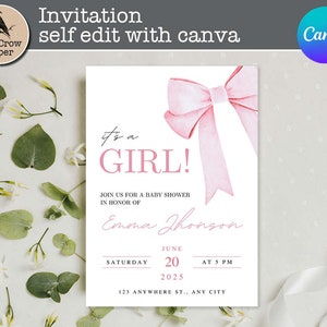 Es una niña Pink Bow Baby Shower Invitación Editable Canva personalizado / Cinta de baby shower minimalista de acuarela rosa / descarga instantánea