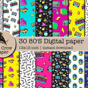 30 80s digital paper | Papers Scrapbook | 80s Digital Paper Retro Backgrounds | 90&#39;s Patterns eighties Pattern neon paper | instant download