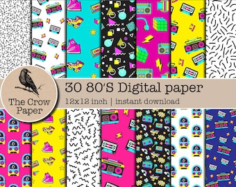 May include: 30 digital papers with 80s themed patterns. The patterns include roller skates, boomboxes, cassette tapes, lightning bolts, stars, and geometric shapes in bright colors like pink, blue, yellow, and black. The papers are 12x12 inches.