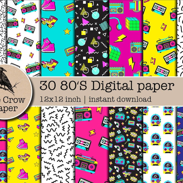30 80s digital paper | Papers Scrapbook | 80s Digital Paper Retro Backgrounds | 90's Patterns eighties Pattern neon paper | instant download