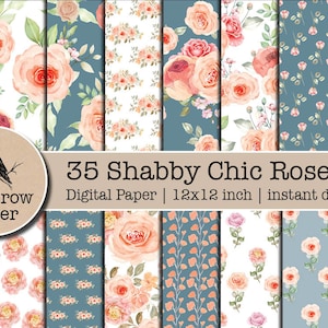 35 Vintage Shabby Chic Peach Blue digital paper | Vintage Light Blue flower floral Pattern | roses pattern Scrapbooking | instant download