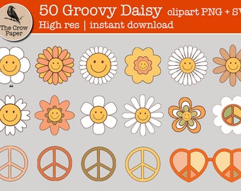 50 グルーヴィーなスマイリーデイジーレトロクリップアート png svg | グルーヴィーなクリップアート | ボヘミアン ヒッピー ファンキー 70年代 クリップアート フラワー | インスタントダウンロード No2