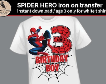 May include: White t-shirt featuring a Spider-Man graphic with the number 3 in a red spiderweb design. The text "BIRTHDAY BOY" is below the number. The shirt is for age 3.
